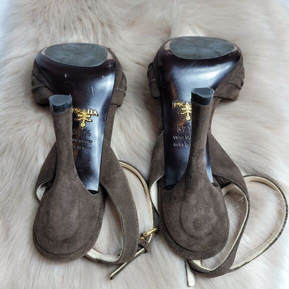 PRADA BROWN SUEDE OPEN-TOE ANKLE-STRAP HI-HEEL SLINGBACK SANDALS - Picture 7 of 8